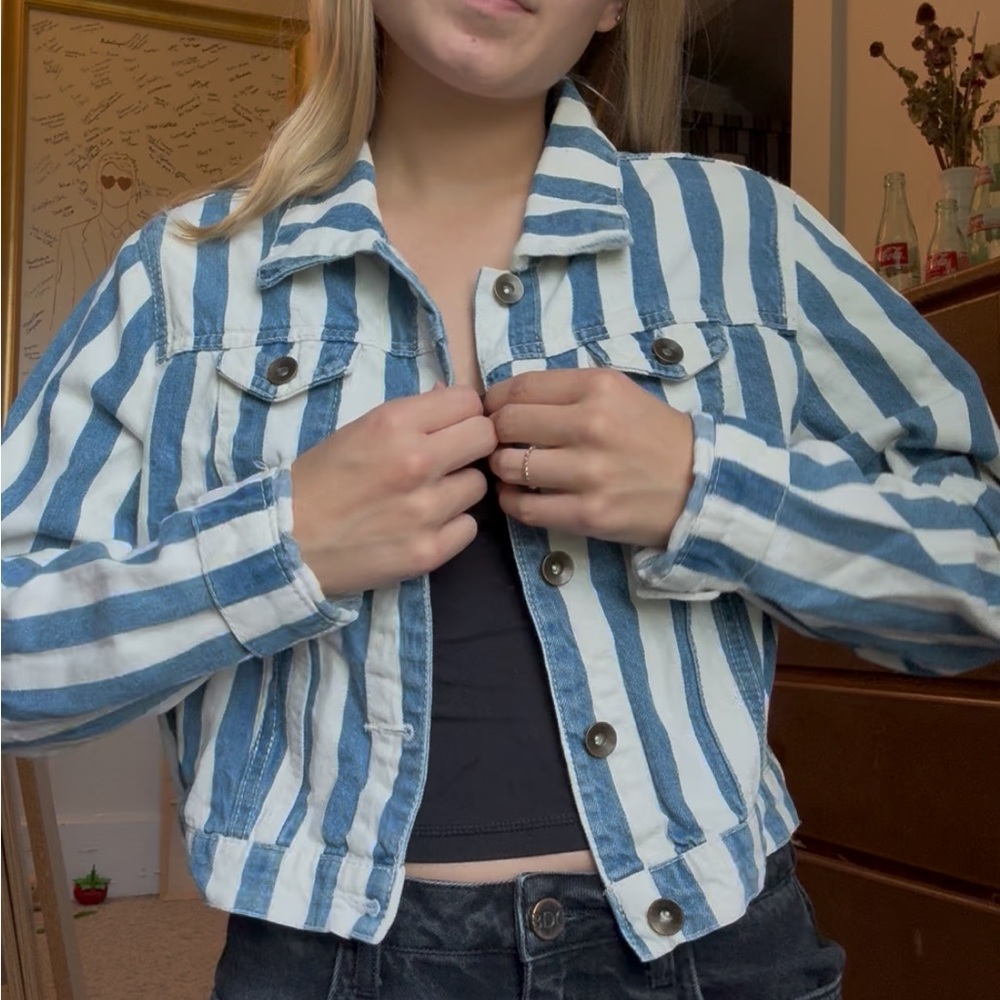 Dots Blue and White Striped Jean Jacket